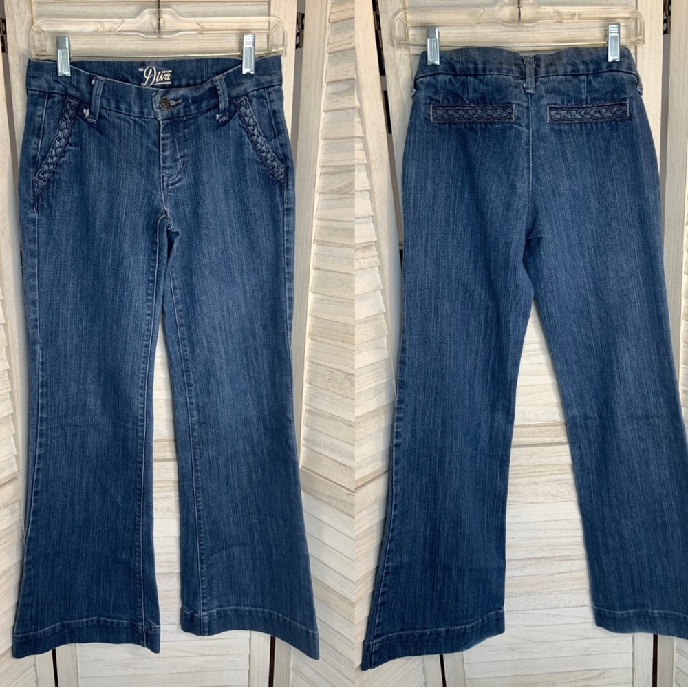 Old Navy The Diva Medium Wash Braided Pocket Flare Leg Denim Jeans 0